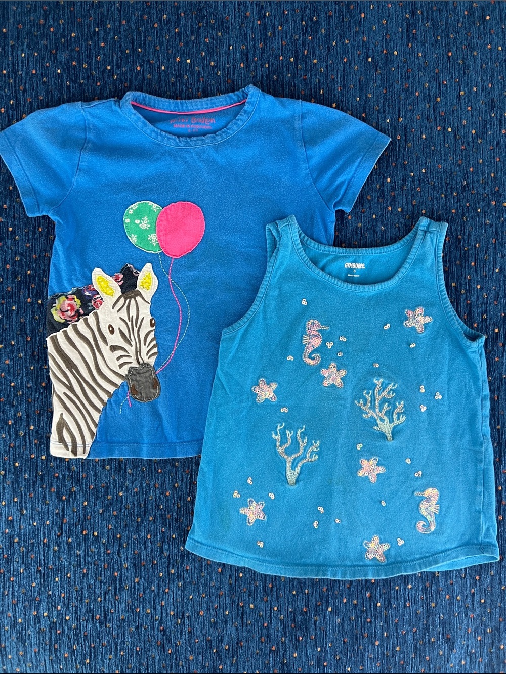 Gymboree and Mini Boden Blue Short-Sleeve Zebra Tee & Blue Sequin Tank Set sz 6